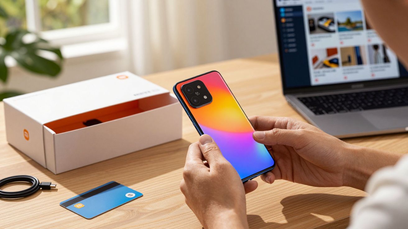 Pessoa segurando smartphone colorido junto a caixa aberta, cartão e portátil numa mesa de madeira.