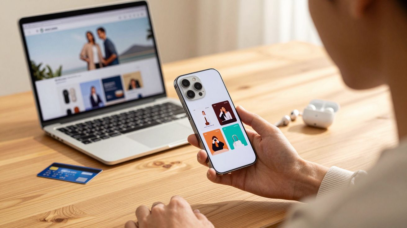 Pessoa a usar telemóvel com app de vídeo chamadas, computador e cartão de crédito numa mesa de madeira.