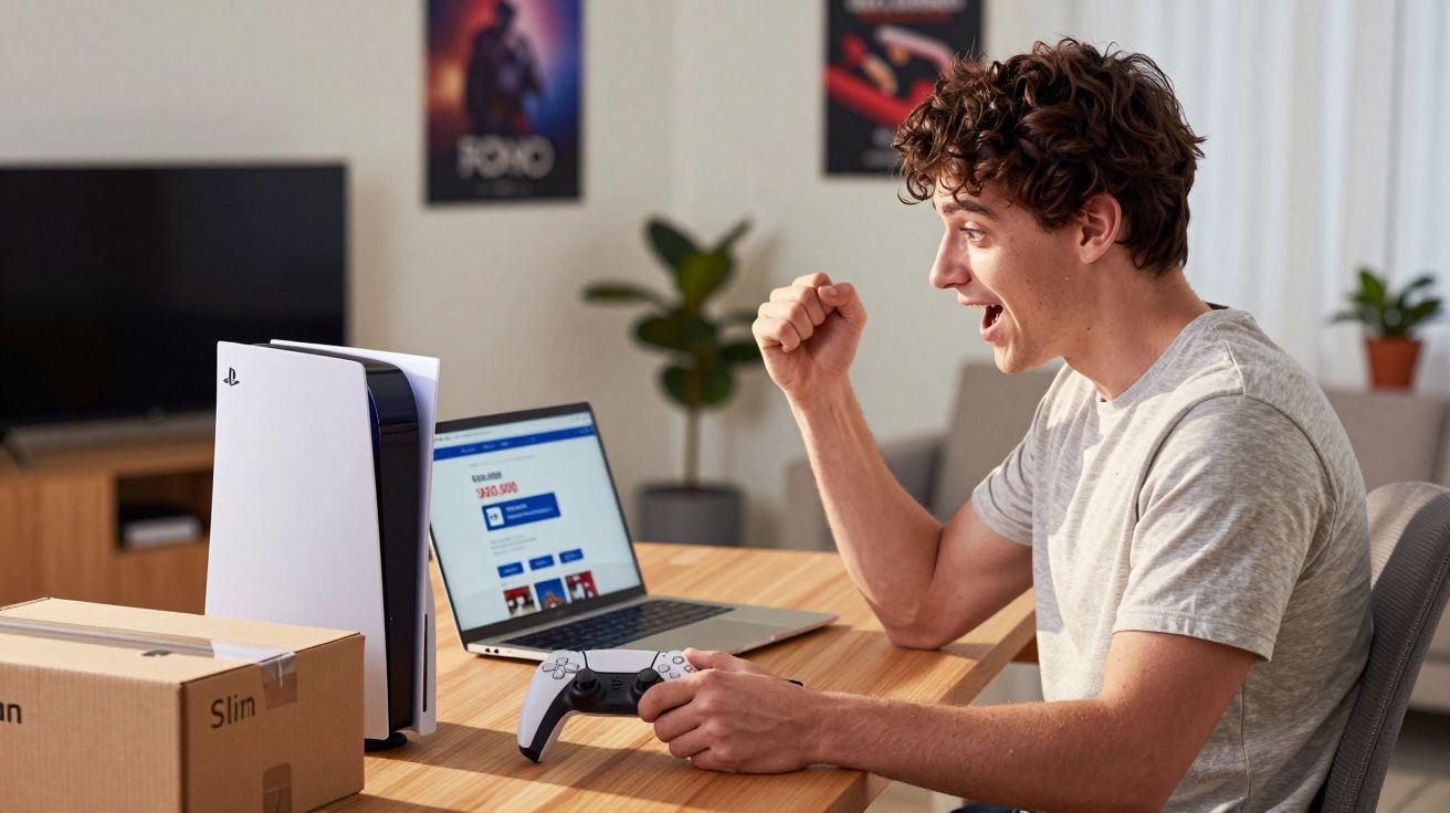 Jovem sentado à mesa com comando de PlayStation, alegre, à frente de consola PS5 e computador portátil.