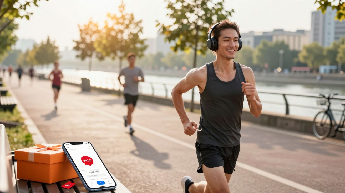 Homem a correr com auscultadores num parque junto ao rio numa manhã soalheira.