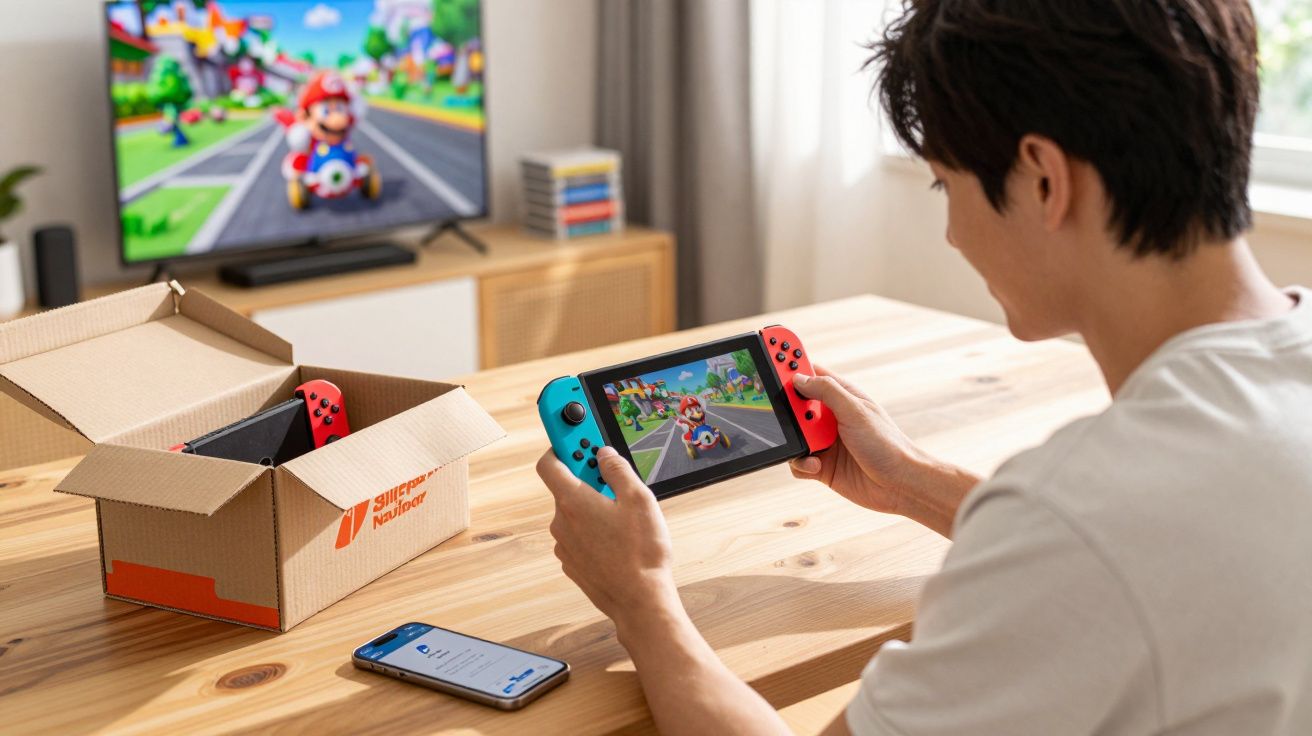 Pessoa a jogar videojogo de corrida numa consola portátil com ecrã ligado também na TV numa sala iluminada.