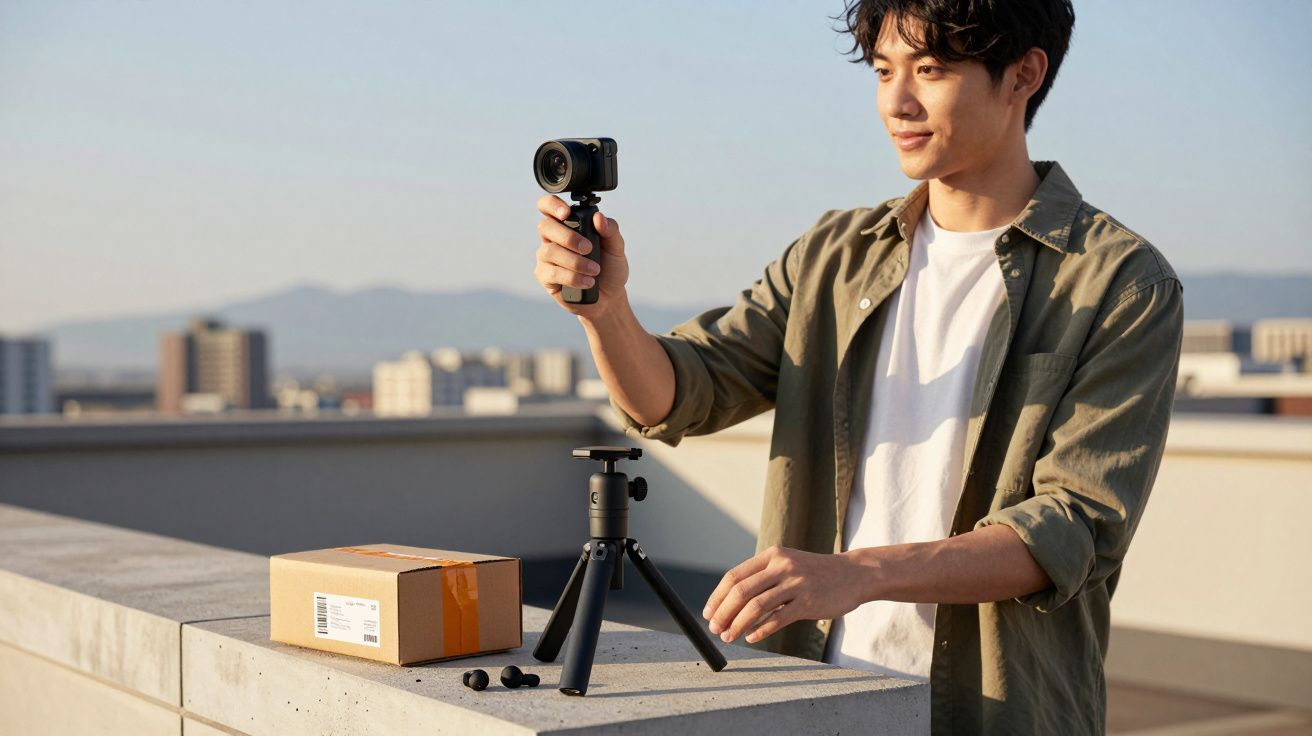 Homem jovem segura câmara num suporte de mão, junto a tripé, auriculares e uma caixa sobre parapeito exterior.