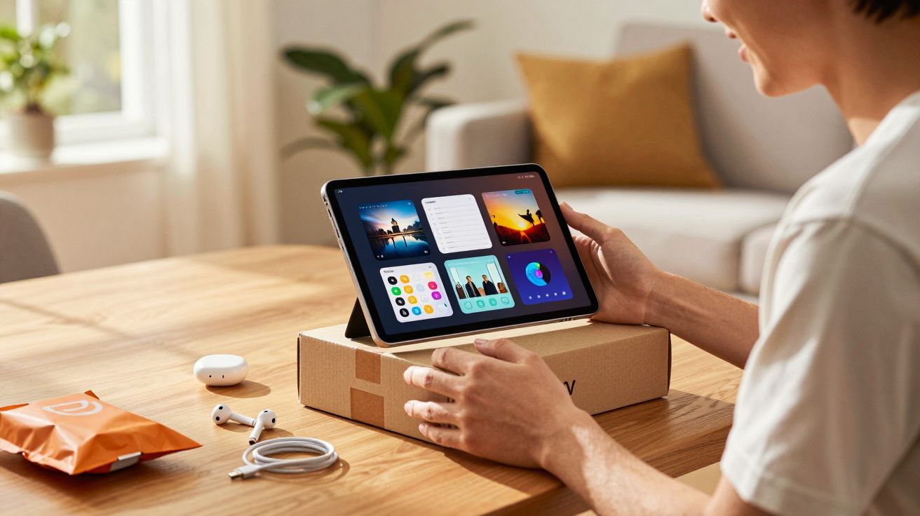 Pessoa segura tablet apoiado numa caixa de cartão numa mesa com auriculares, cabo e embalagem aberta.