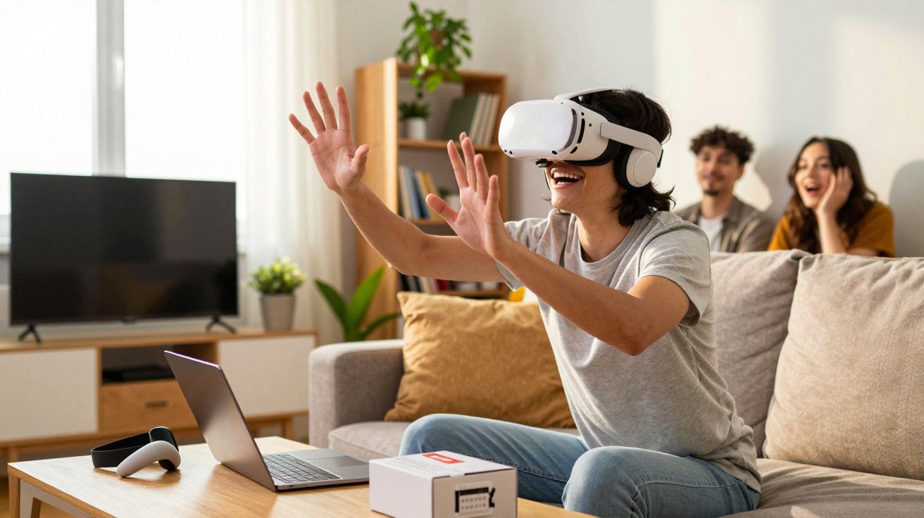 Jovem a usar óculos de realidade virtual no sofá com amigos a observar e sorrir ao fundo numa sala iluminada.