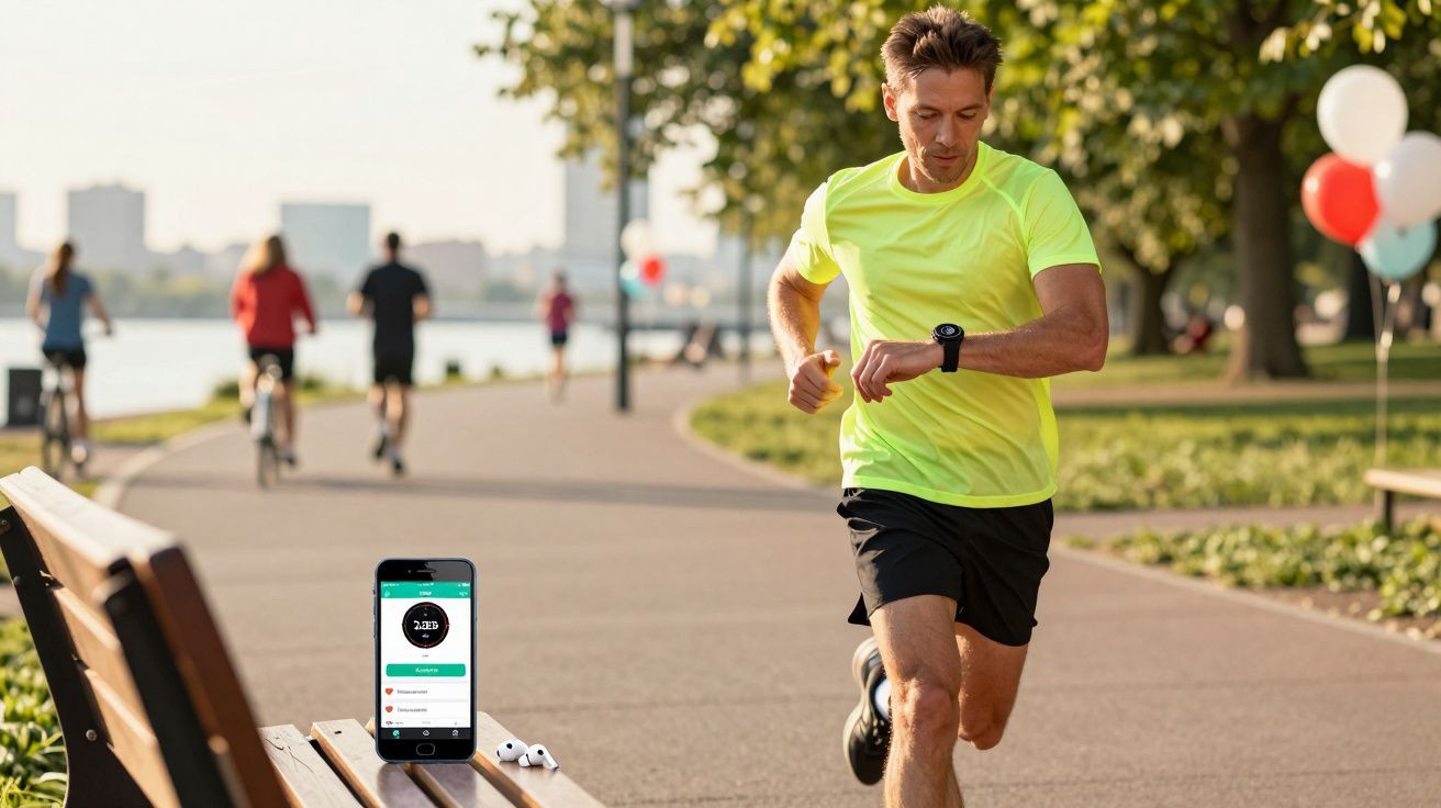 Homem a correr num parque a olhar para um relógio desportivo no pulso, com um telemóvel numa banca ao lado.