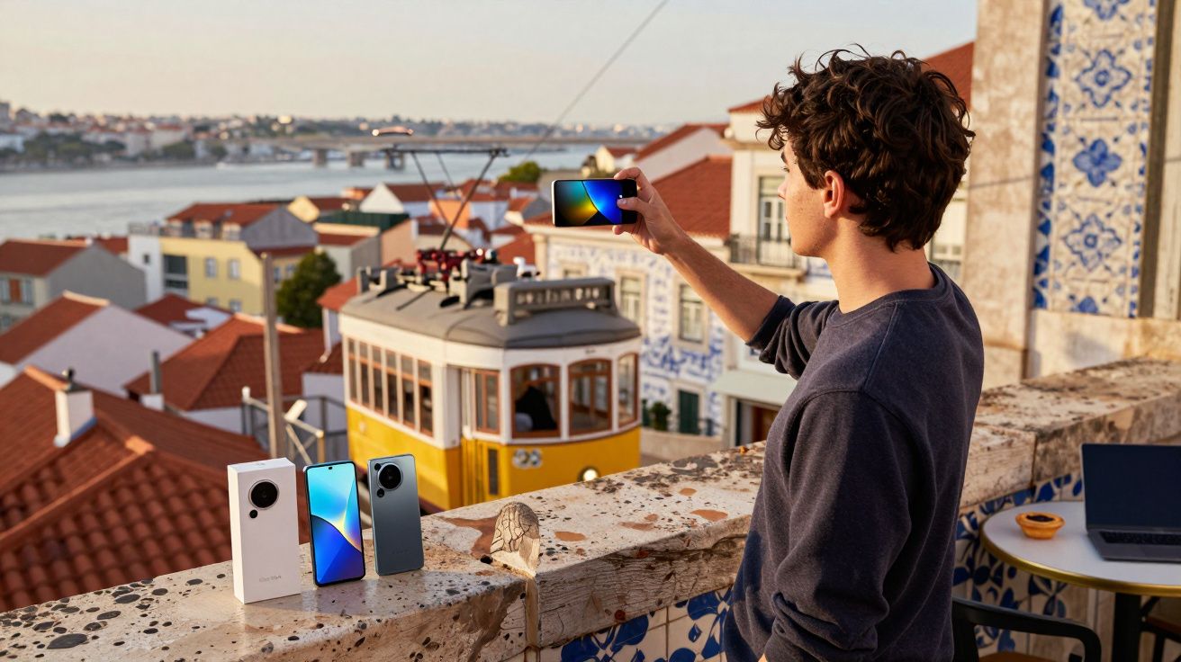 Homem tira selfie com smartphone junto a telemóveis e elétrico amarelo numa varanda com azulejos em Lisboa.