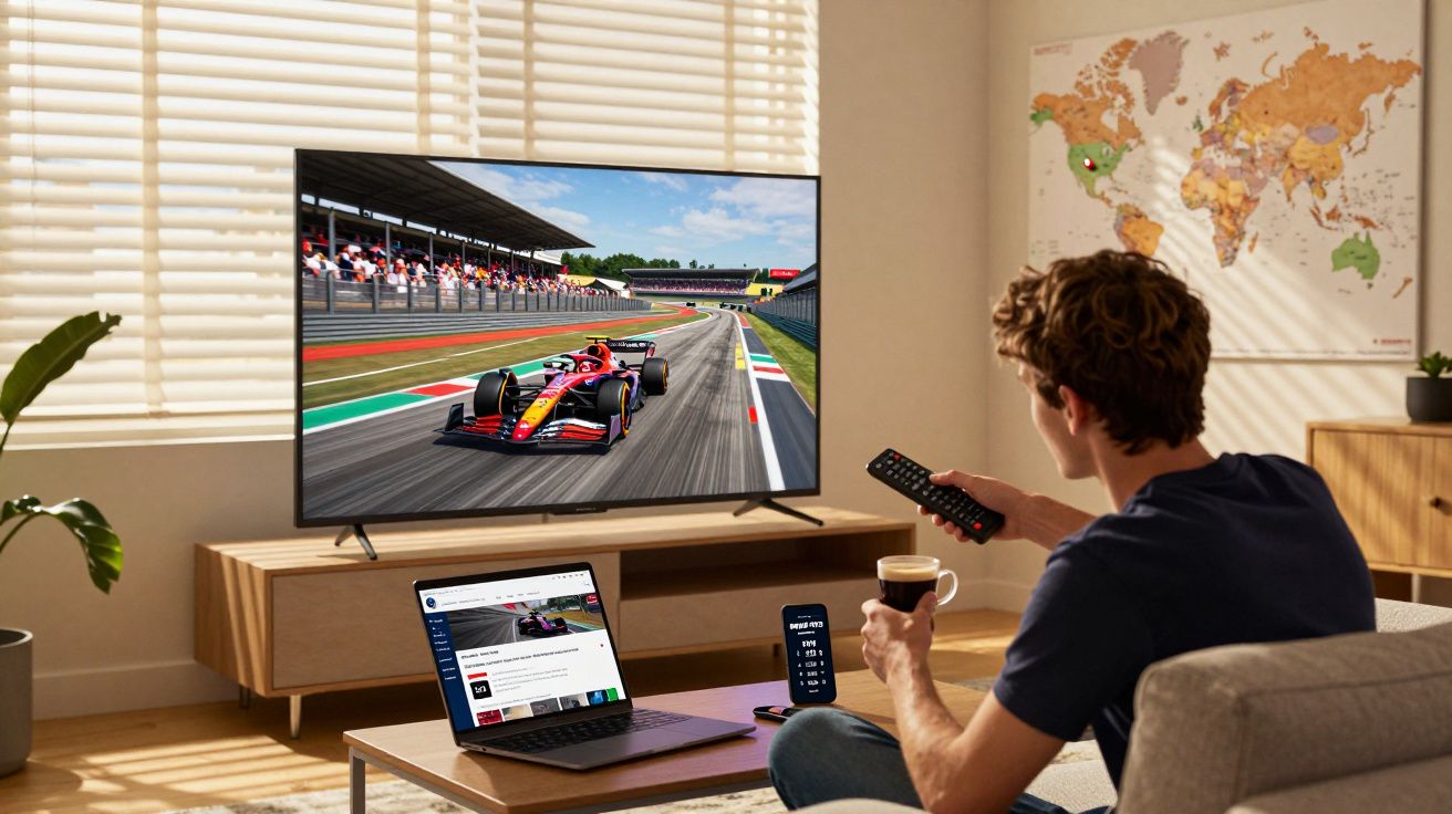 Homem sentado no sofá a ver corrida de carros na TV, com portátil e smartphone à frente numa sala iluminada.