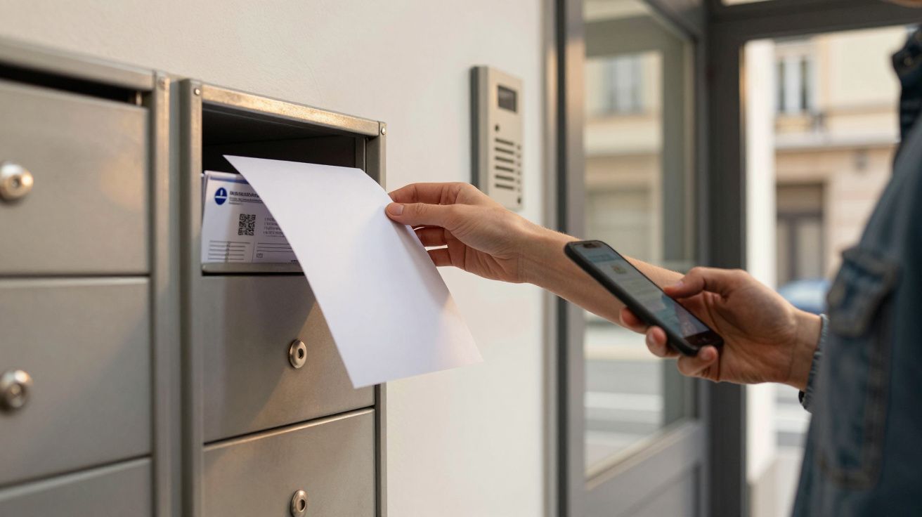 Mão a retirar carta de caixa de correio com outra mão a segurar telemóvel no interior de edifício.