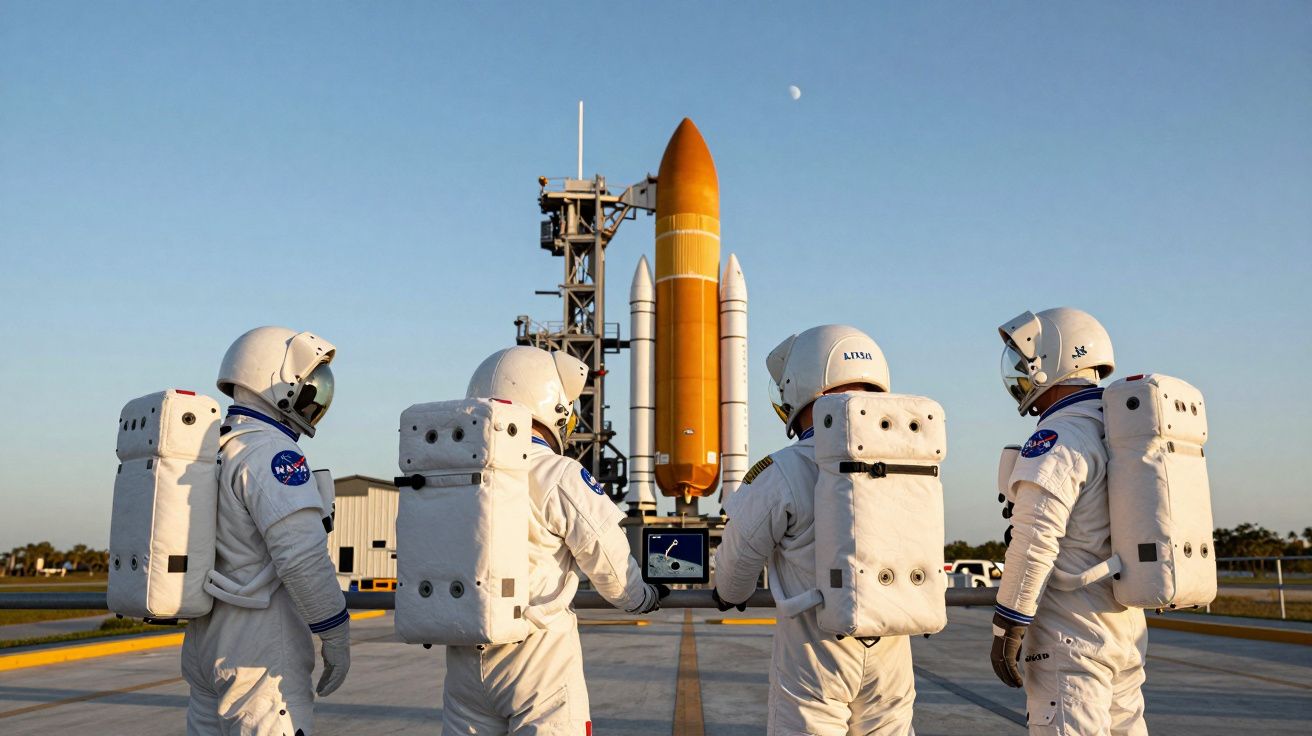 Quatro astronautas em fato completo observam um foguetão na plataforma de lançamento ao entardecer.