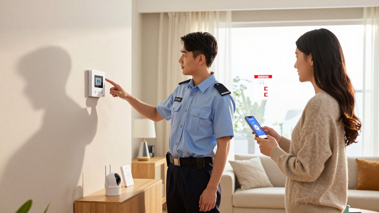 Homem de uniforme a ajustar termóstato enquanto mulher segura telemóvel numa sala de estar.