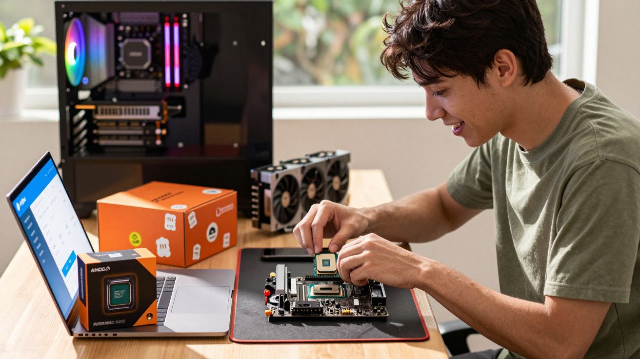 Jovem a montar um processador num computador com peças e portátil numa mesa iluminada.