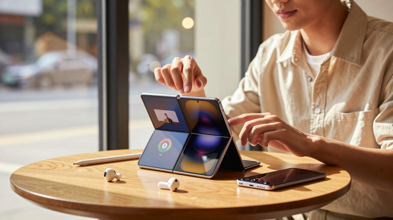 Pessoa a usar telemóvel dobrável em mesa de madeira com auscultadores sem fios e outro telemóvel ao lado.