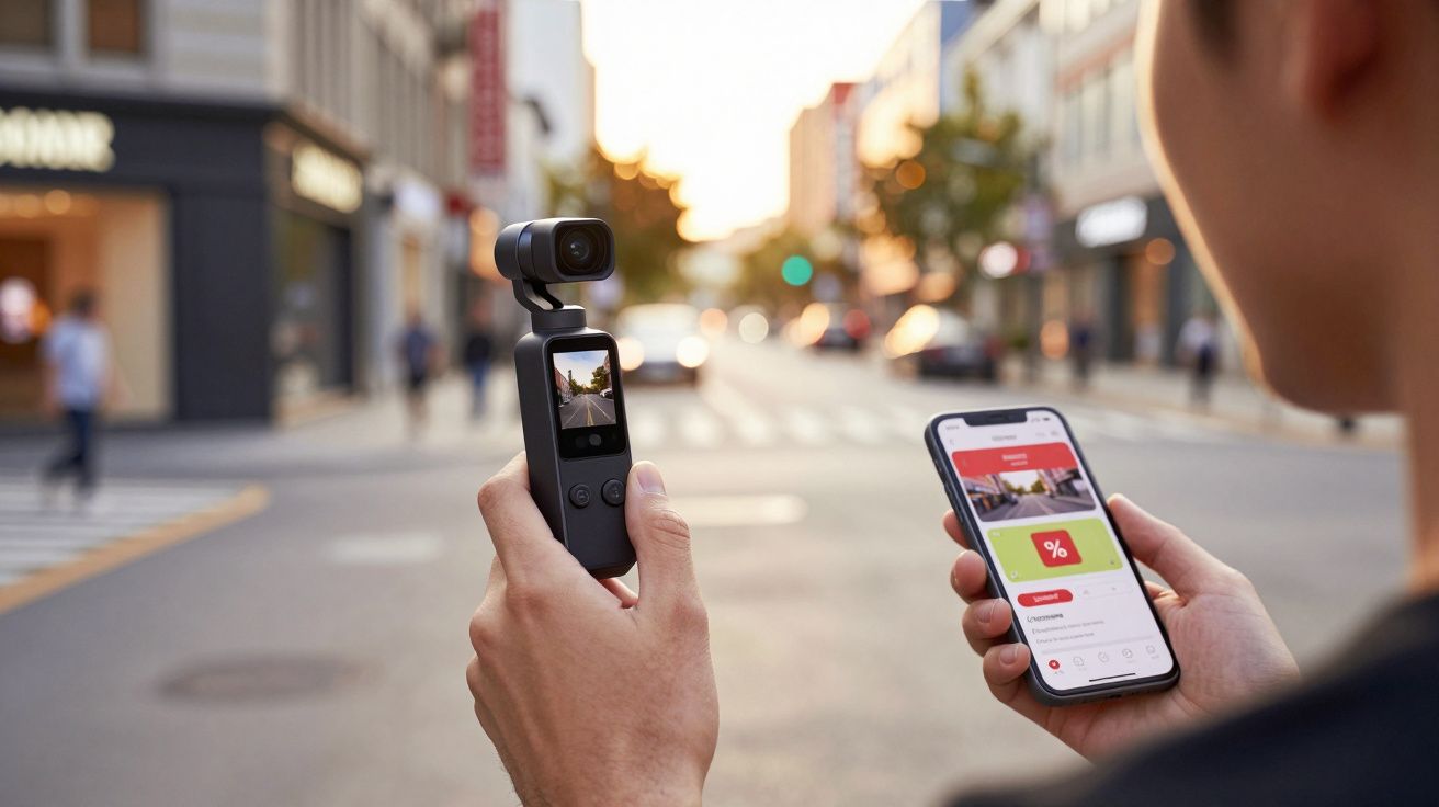 Pessoa a segurar uma câmara portátil com ecrã integrado e um telemóvel na outra mão numa rua citadina.