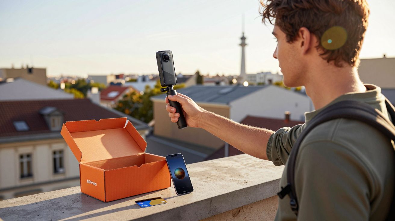 Jovem segurando câmara 360 num suporte, com smartphone, cartão e caixa ao ar livre numa varanda urbana.
