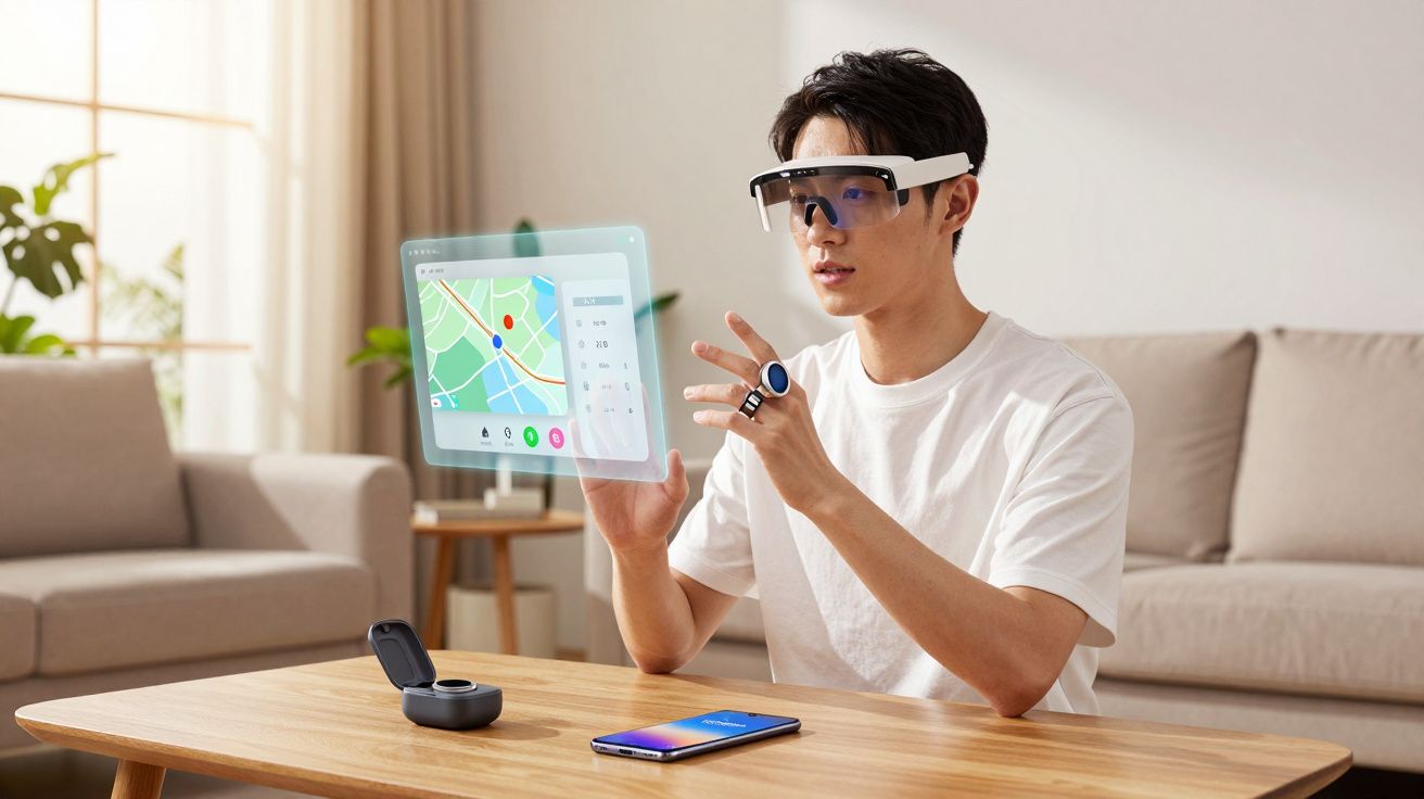 Homem usa óculos de realidade aumentada interagindo com mapa holográfico numa sala de estar.