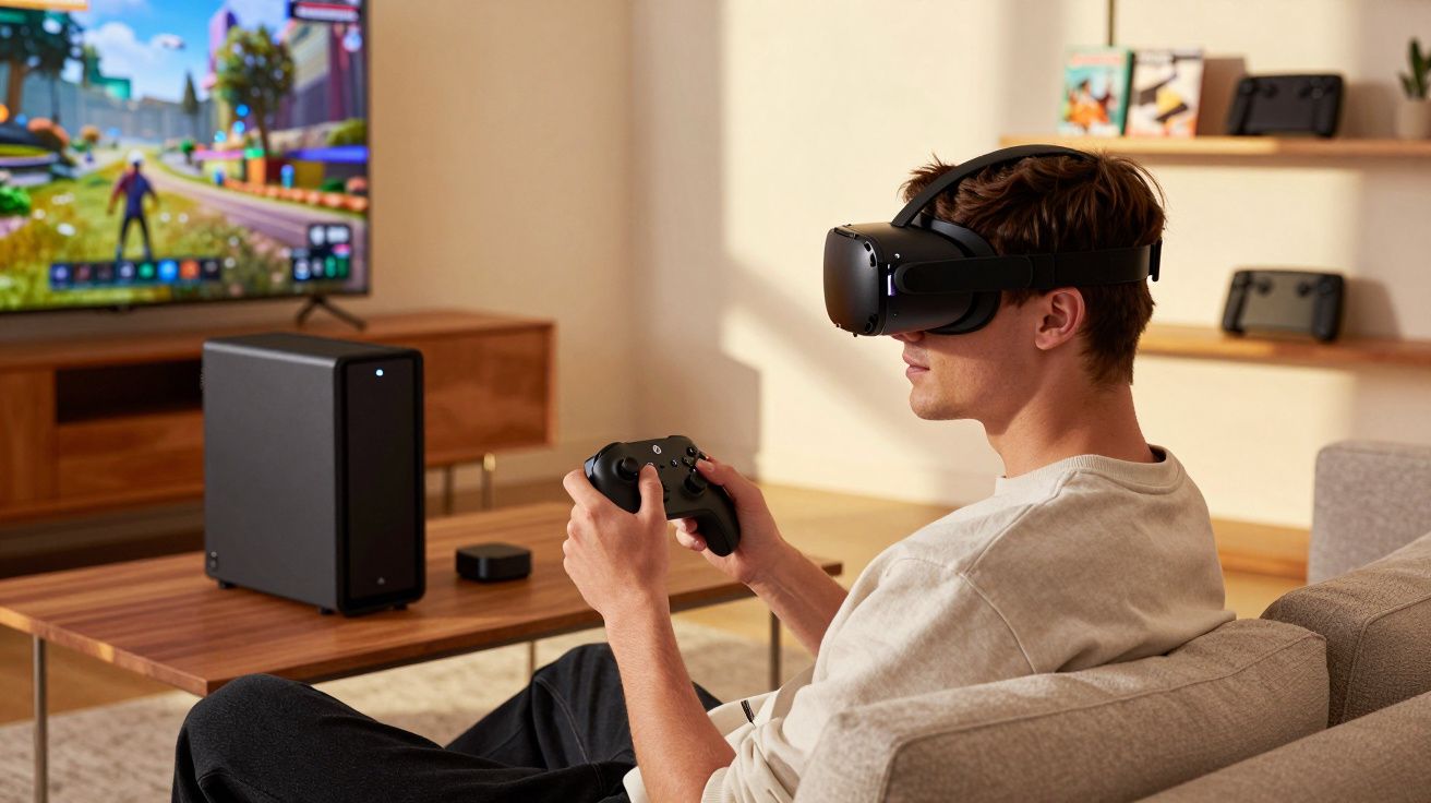 Jovem sentado no sofá a jogar videojogos com óculos de realidade virtual e comando na sala de estar.