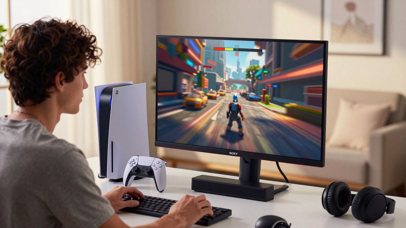 Pessoa sentada a jogar videojogo de aventura num computador com comandos PlayStation na secretária.