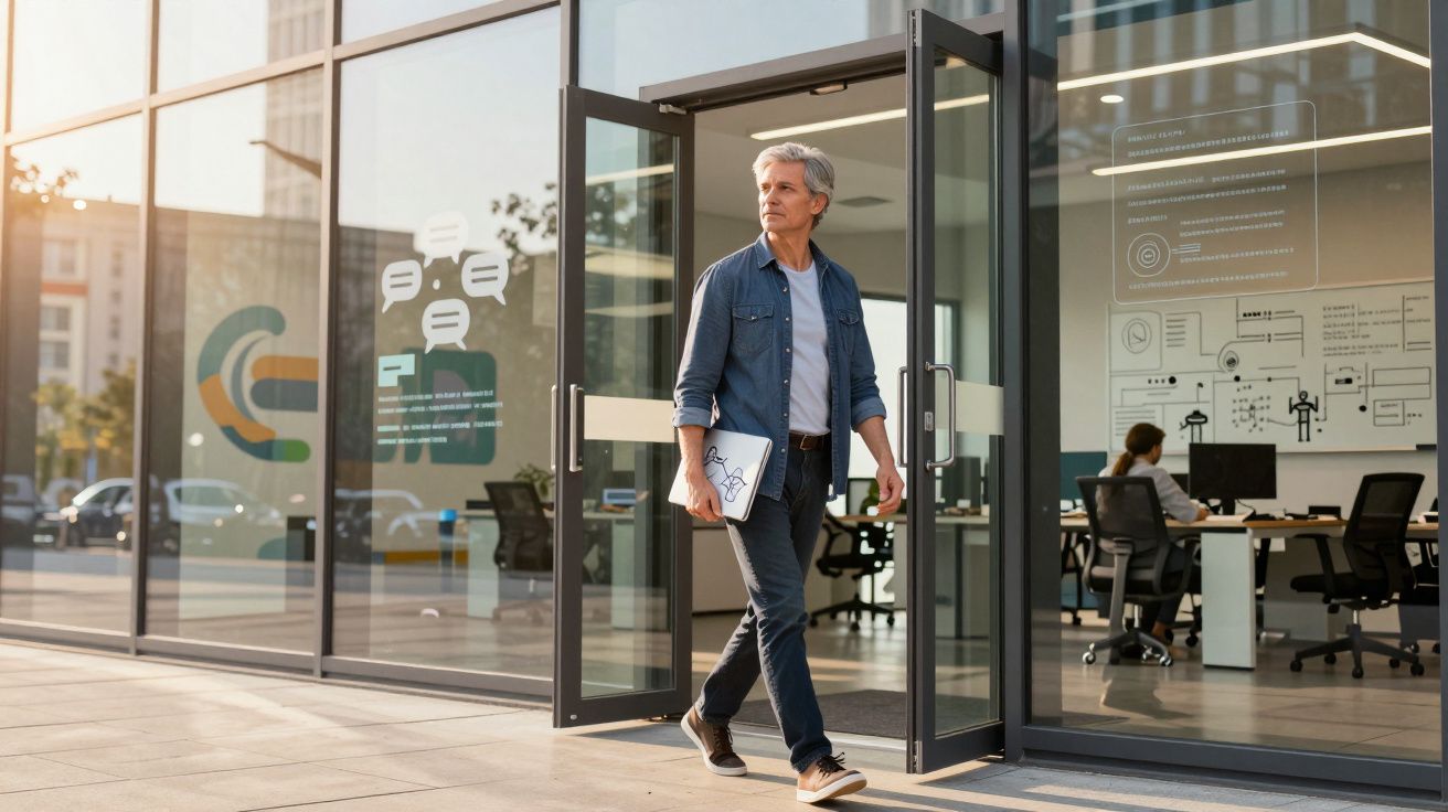 Homem de cabelo grisalho sai de escritório moderno com pastas na mão, ambiente de trabalho e computador ao fundo.