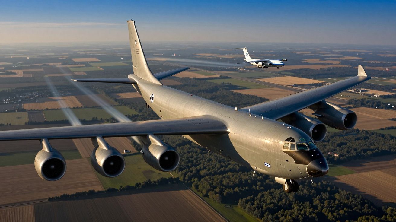 Avião militar a jato voando sobre campos e florestas com outro avião ao fundo.