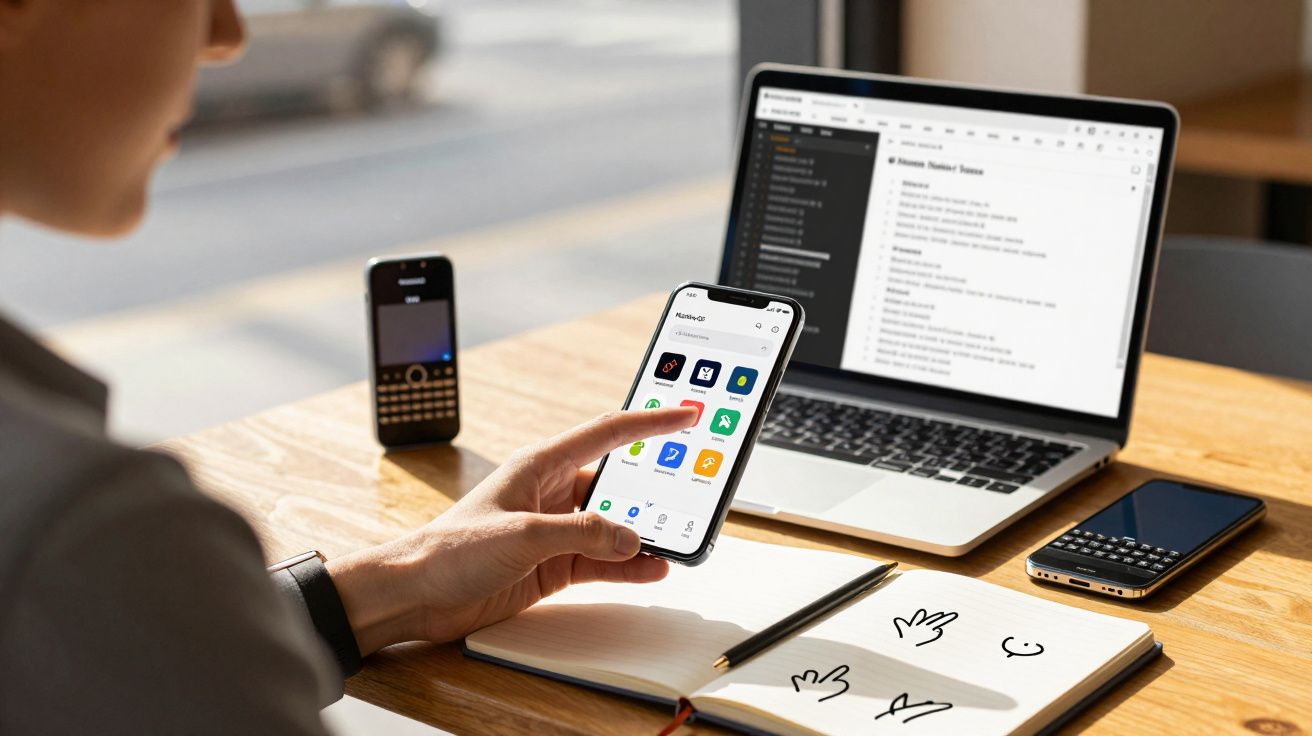 Pessoa a usar smartphone com computador portátil, telemóveis e caderno com desenhos numa mesa de madeira.