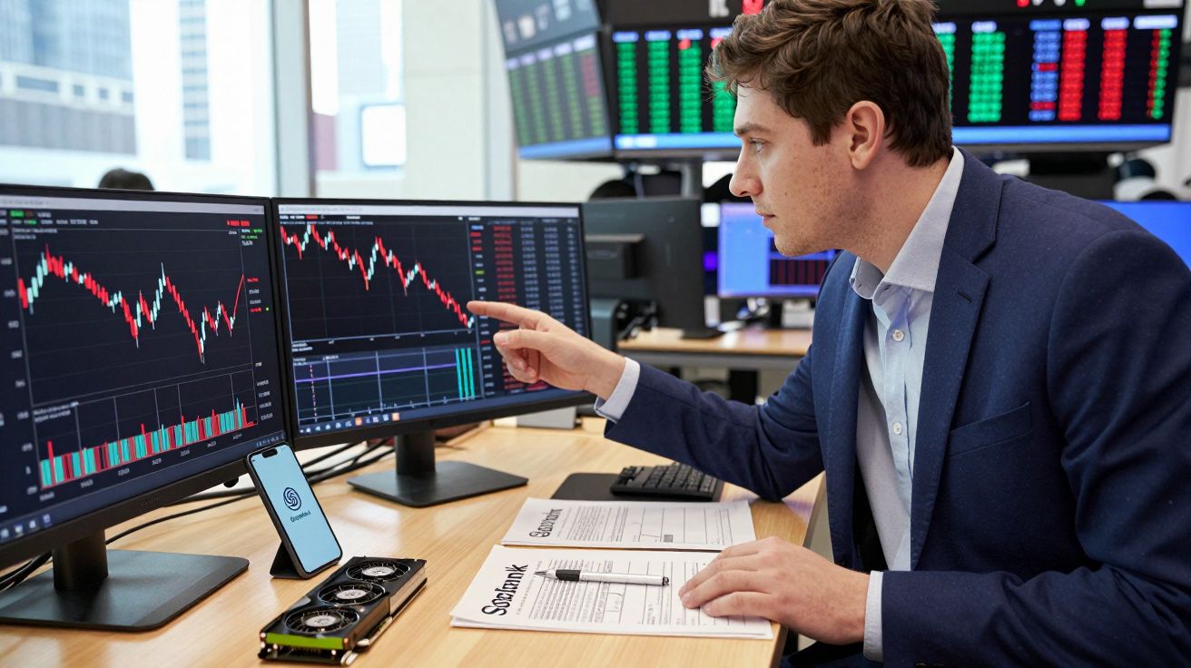 Homem em fato analisa gráficos financeiros em monitores num ambiente de escritório moderno.