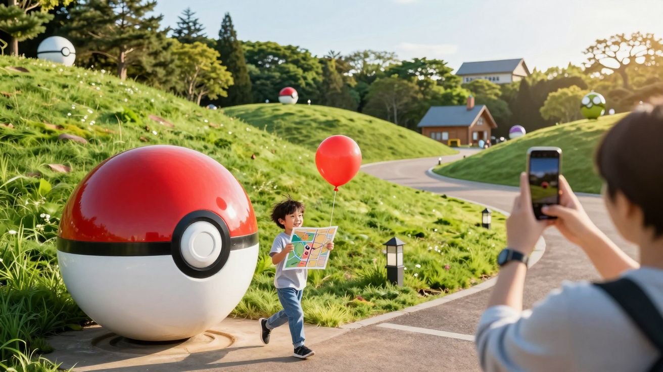 Criança com balão vermelho e mapa corre num parque com grandes Pokébolas enquanto outra pessoa tira foto.