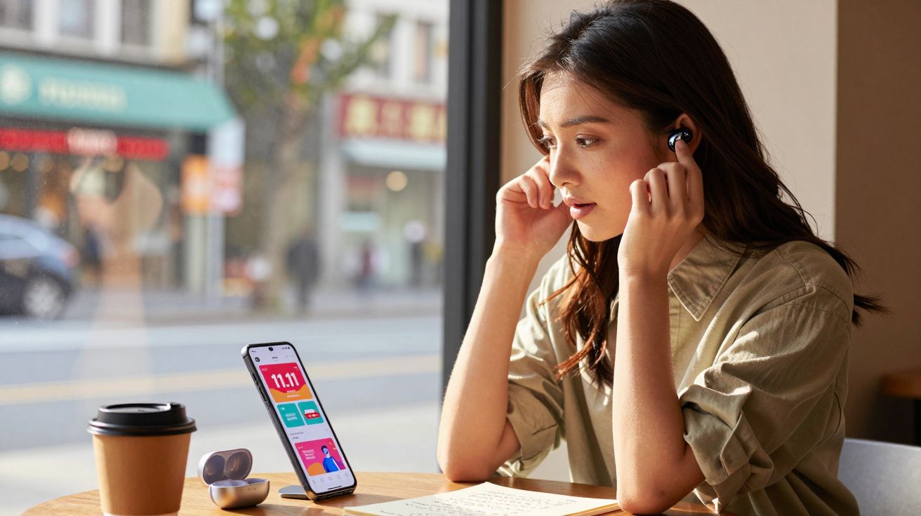 Jovem a preparar-se para ouvir música com auscultadores sem fios numa mesa com telemóvel e café.