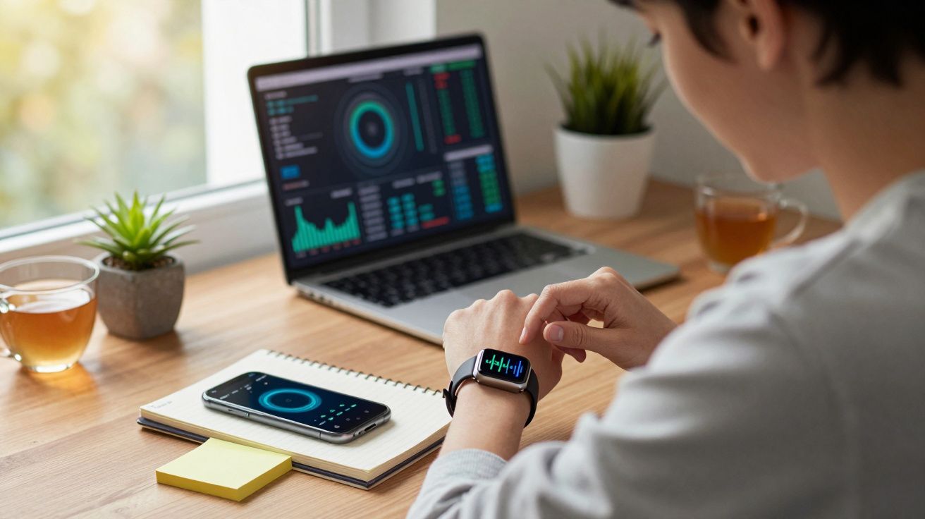 Pessoa a ver dados de saúde num relógio inteligente, com portátil e telemóvel na secretária à frente.