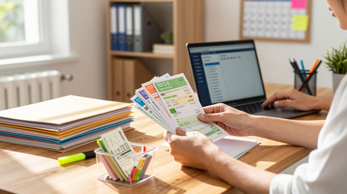 Pessoa a organizar contas em papel na secretária com computador portátil e material de escritório ao fundo.