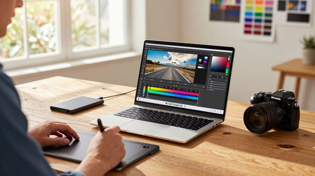 Pessoa a editar fotografia numa mesa com computador portátil, tablet gráfico e câmara fotográfica profissional.