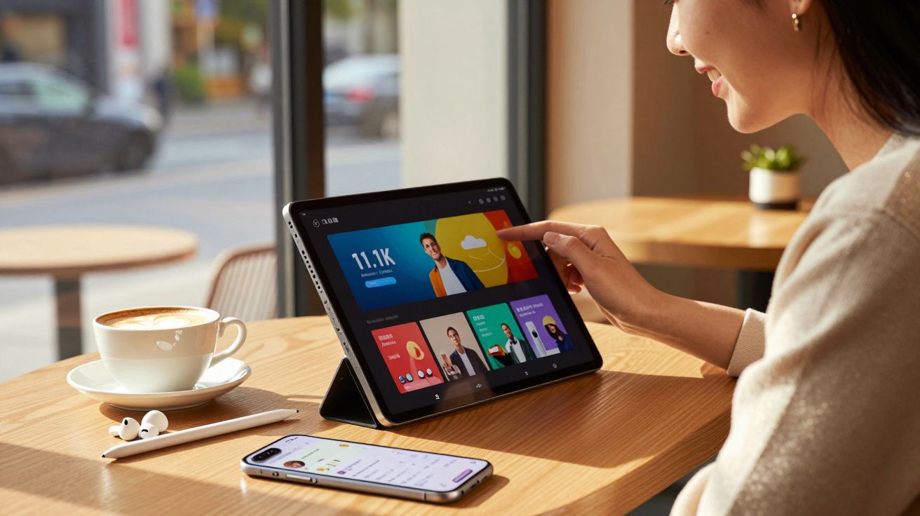 Pessoa a usar tablet com gráficos e perfis, com smartphone, auriculares e chávena de café numa mesa de madeira.