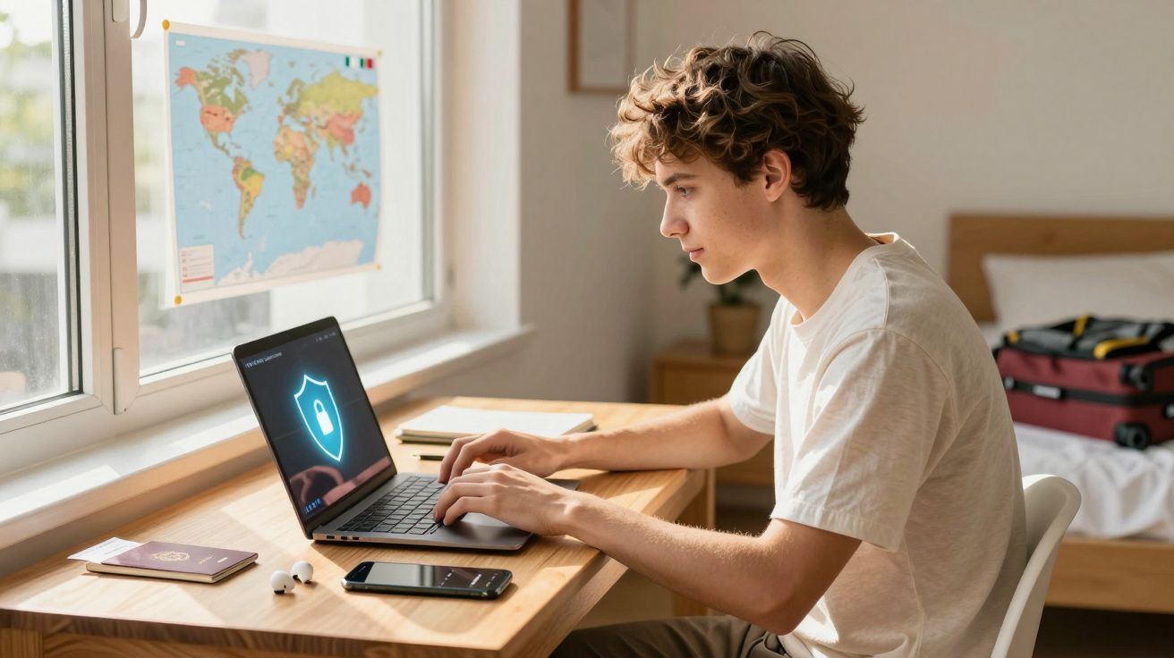 Jovem a usar portátil com símbolo de segurança digital, sentado numa secretária junto à janela num quarto.