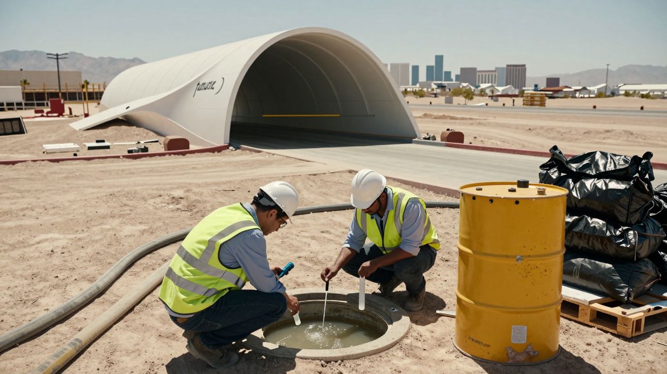 Dois trabalhadores com capacete e colete reflector recolhem amostras de água numa obra ao ar livre, junto a túnel branco.