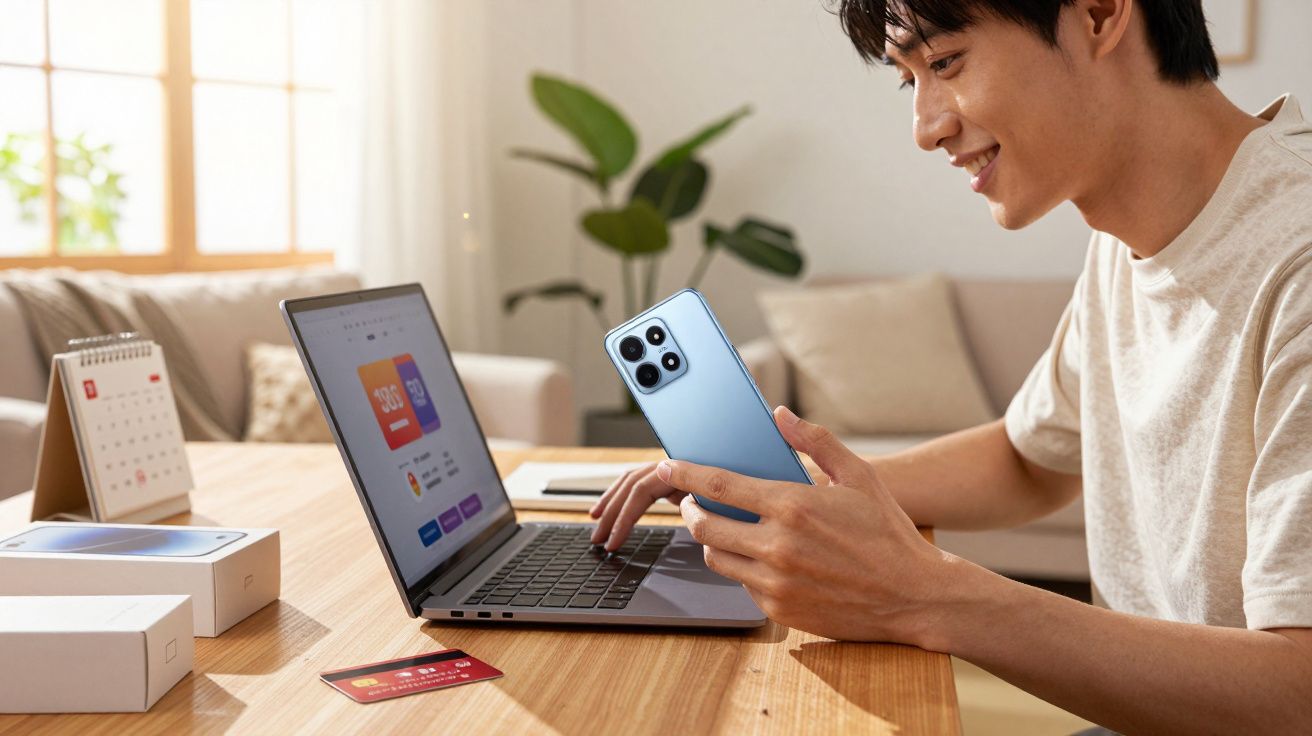 Homem sentado a usar portátil enquanto segura um telemóvel azul num ambiente doméstico claro.