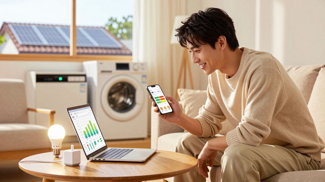 Homem sentado numa sala a controlar consumo energético com laptop e smartphone, luz acesa numa mesa.