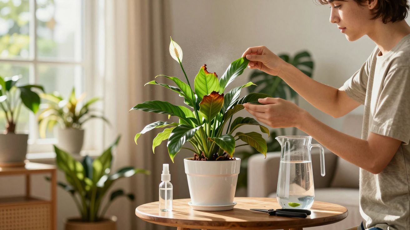 Pessoa a cuidar de planta verde num vaso branco sobre mesa de madeira com regador e borrifador.