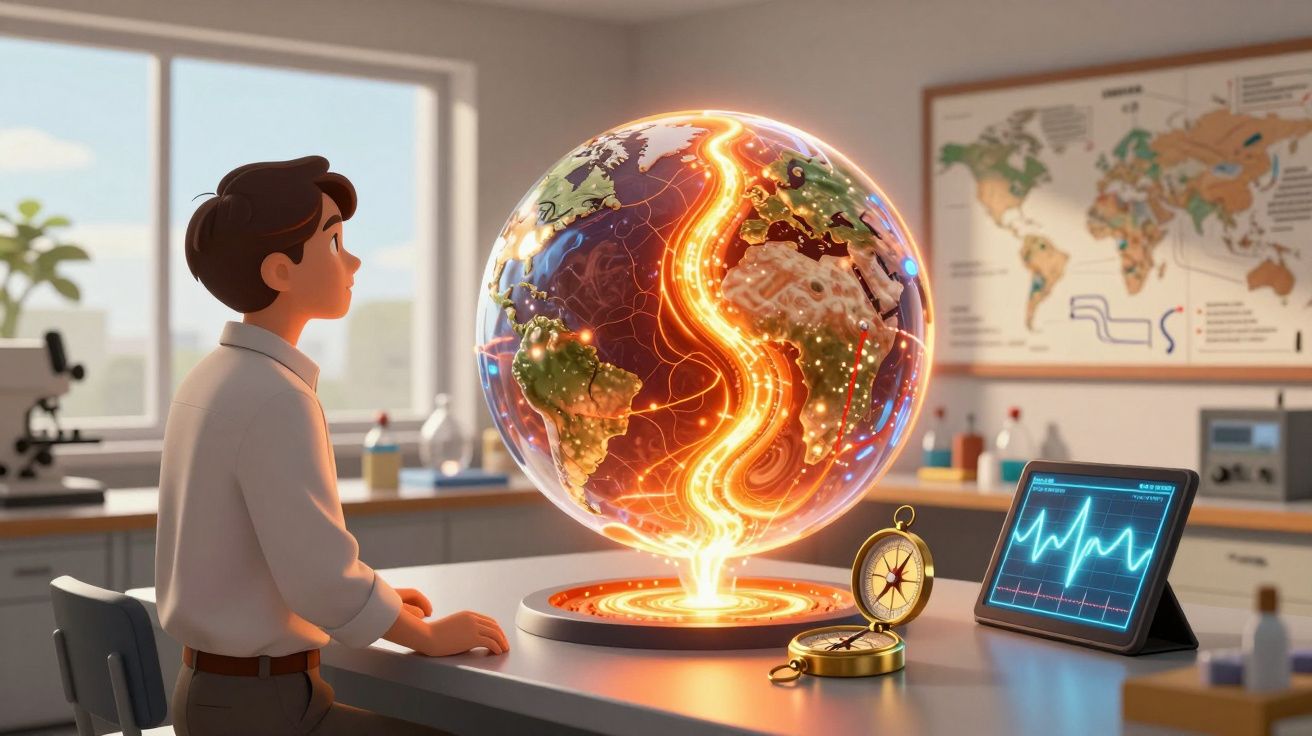 Pessoa em laboratório observa globo terrestre holográfico com atividade sísmica e tablet com gráfico cardíaco.