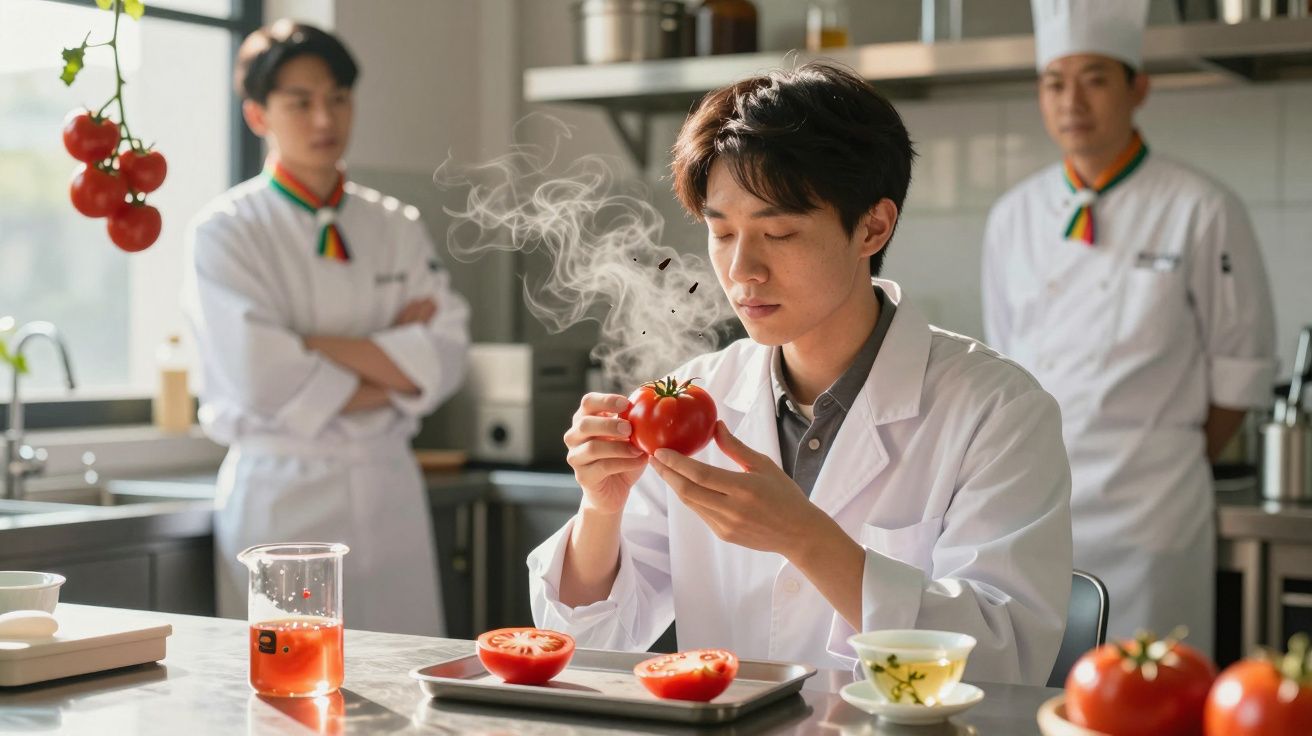 Homem com bata branca observa tomate a fumegar numa cozinha profissional com chefs ao fundo.