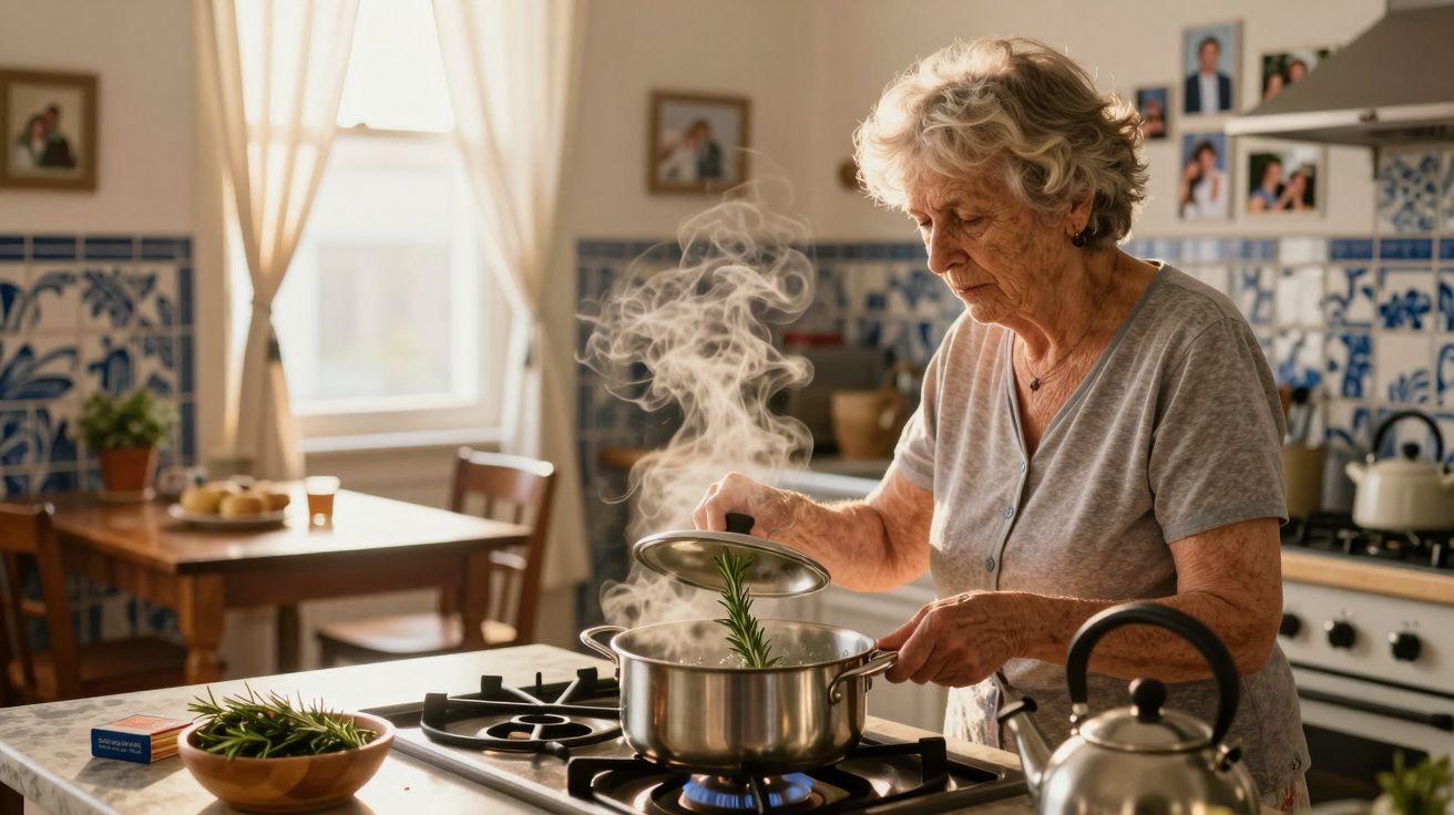 Mulher idosa a cozinhar com ervas numa panela a vapor sobre o fogão numa cozinha tradicional.