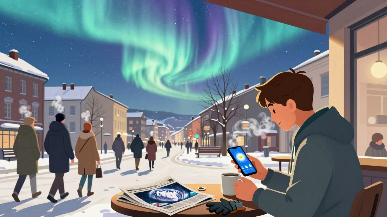 Homem sentado numa esplanada, segurando chávena e olhando para telemóvel, com aurora boreal no céu nevado da cidade.