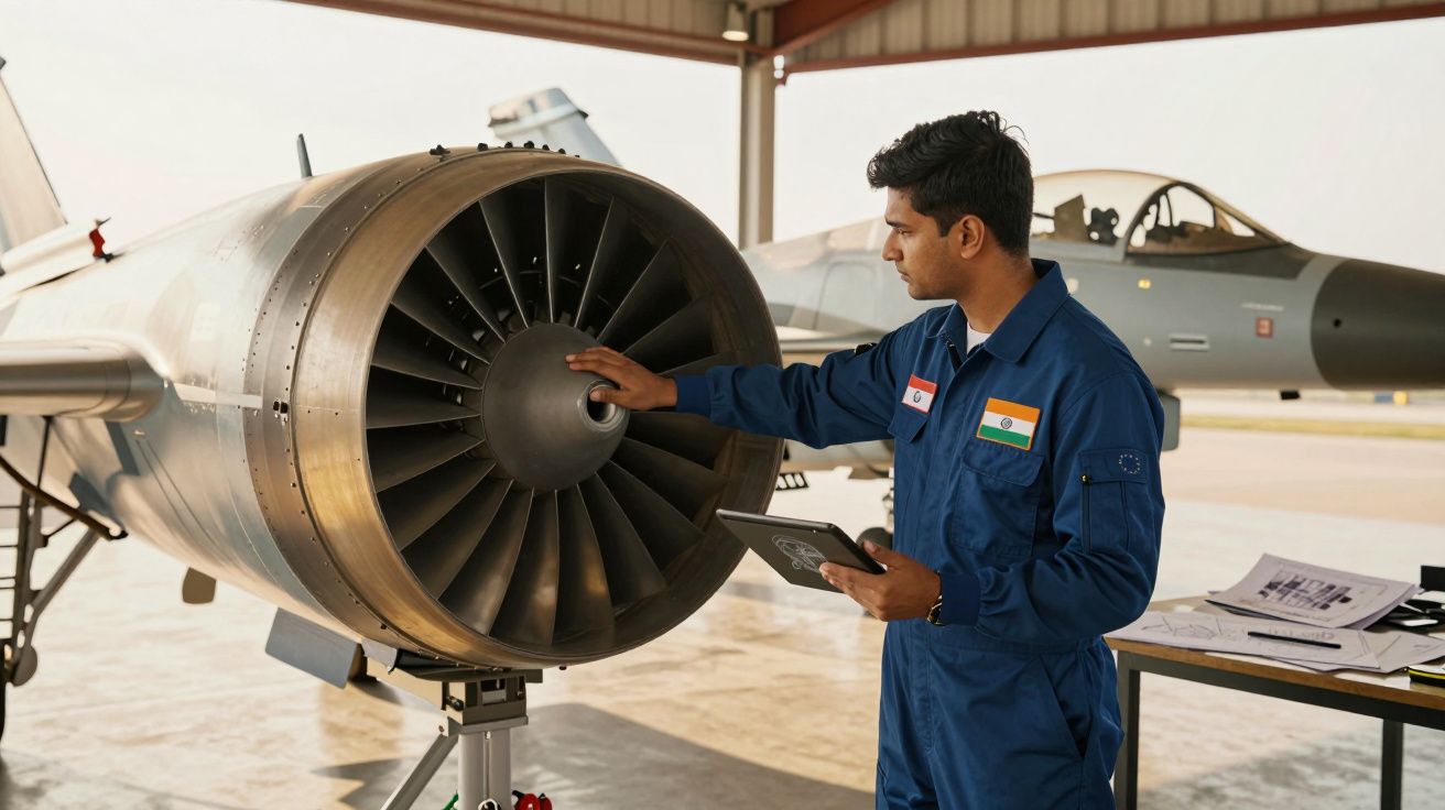 Técnico em fato azul inspeciona motor de jato num hangar com documentos ao lado e outro jato ao fundo.