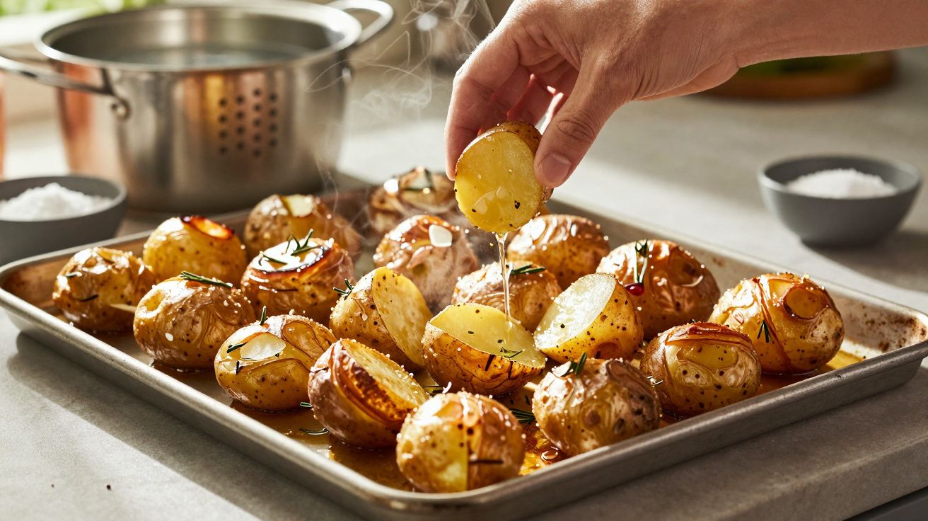 Batatas assadas com ervas e azeite numa tabuleiro de forno, com uma mão a acrescentar azeite quente.