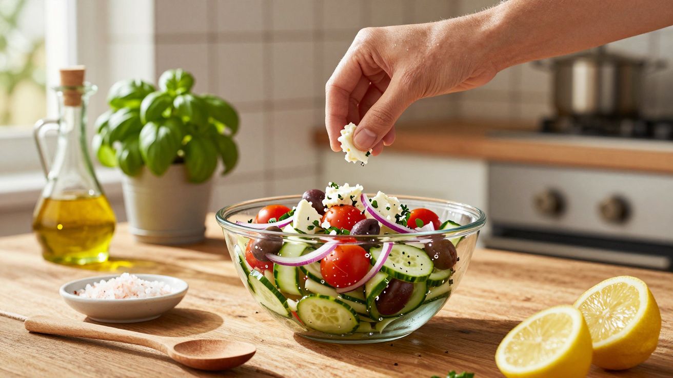 Mão a adicionar queijo feta a salada com tomate cereja, pepino, azeitonas e cebola roxa numa cozinha.