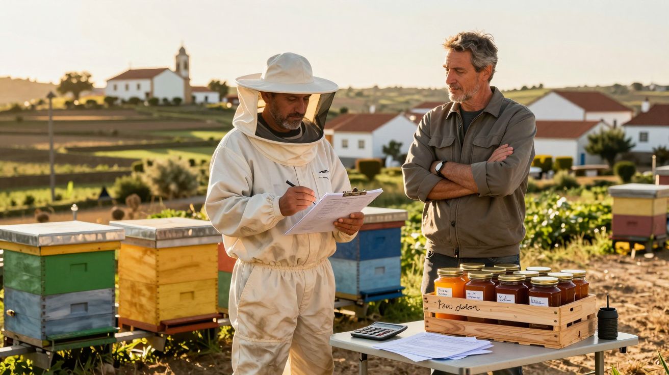 Apicultor com fato protetor a preencher formulário e homem a observar frascos de mel num campo rural.