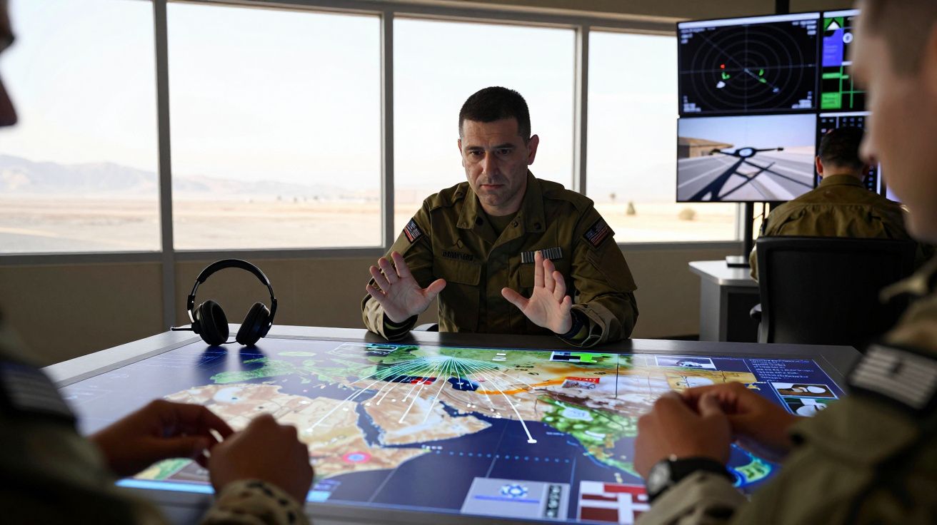 Militares analisam mapa digital interativo numa sala de operações com vistas para o deserto.