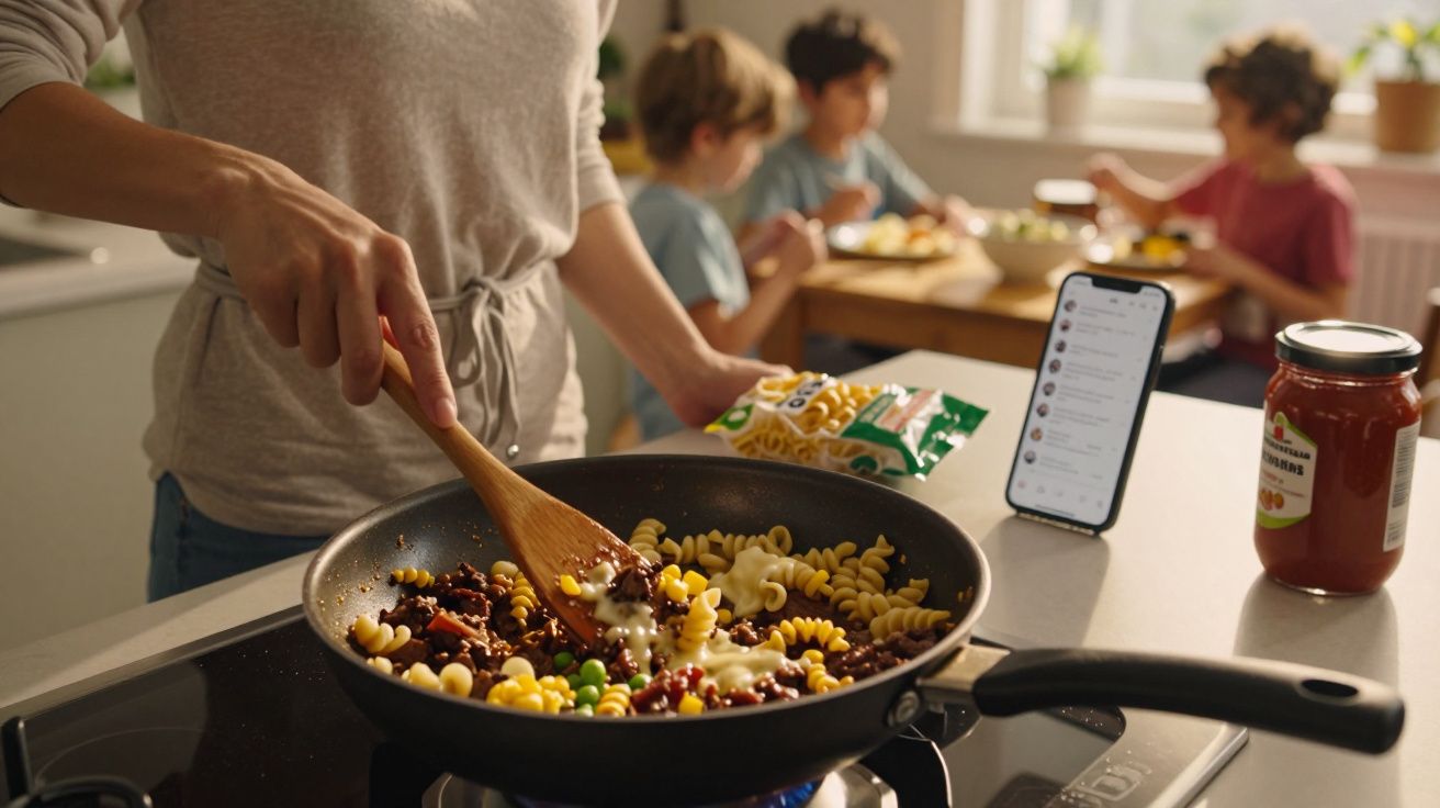 Pessoa a cozinhar massa com legumes numa frigideira enquanto três crianças comem ao fundo numa cozinha iluminada.