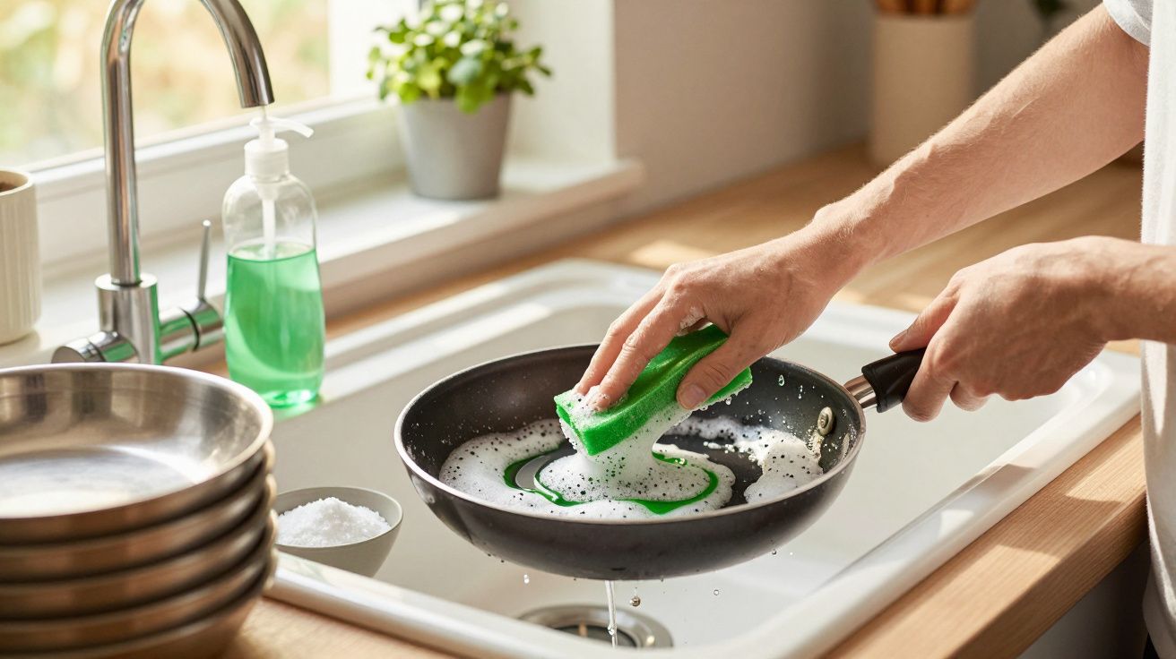 Pessoa a lavar uma frigideira preta com esponja verde cheia de espuma na pia da cozinha.