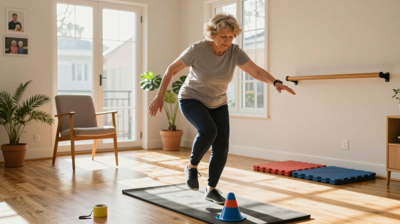 Mulher idosa a fazer exercícios de equilíbrio numa sala de estar luminosa com tapete e cones coloridos.
