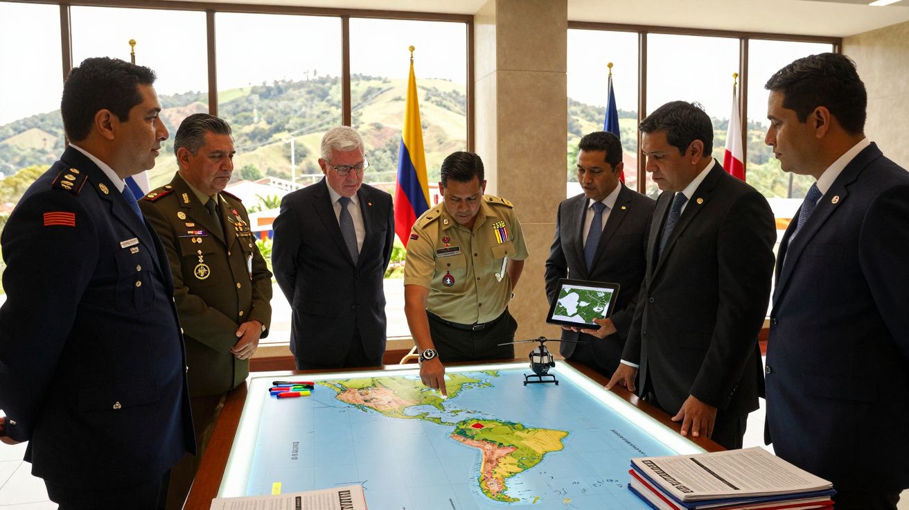 Homens em uniforme militar e fatos formais analisam um mapa da América Central e do Sul numa mesa iluminada.