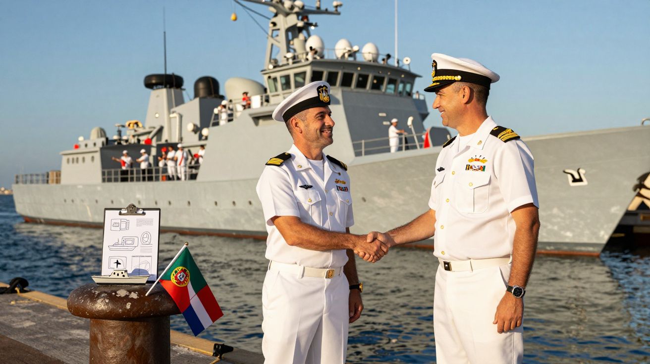 Dois oficiais da marinha portuguesa cumprimentam-se junto a um navio militar atracado no cais.